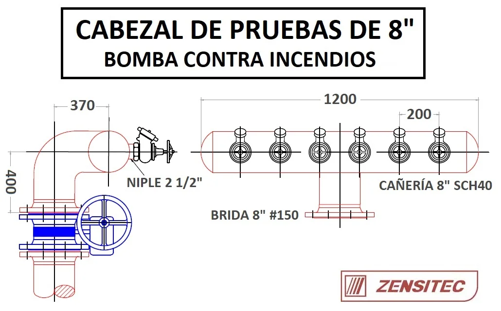 Plano con dimensiones de Manifold de prueba de 8" para bombas Contra Incendios NFPA - Zensitec